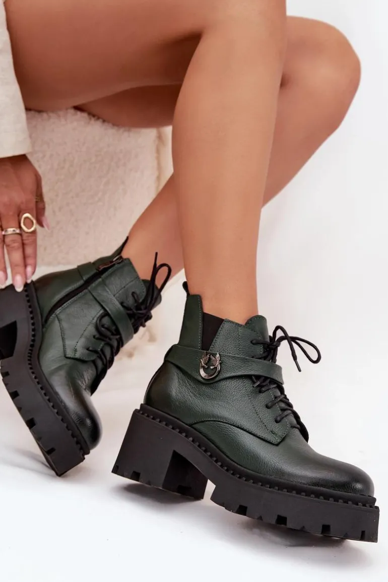 Skórzane Botki Damskie Na Klocku Z Ozdobnym Paskiem Ocieplane Zazoo 60557 Ciemnozielone