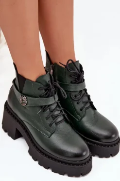 Skórzane Botki Damskie Na Klocku Z Ozdobnym Paskiem Ocieplane Zazoo 60557 Ciemnozielone
