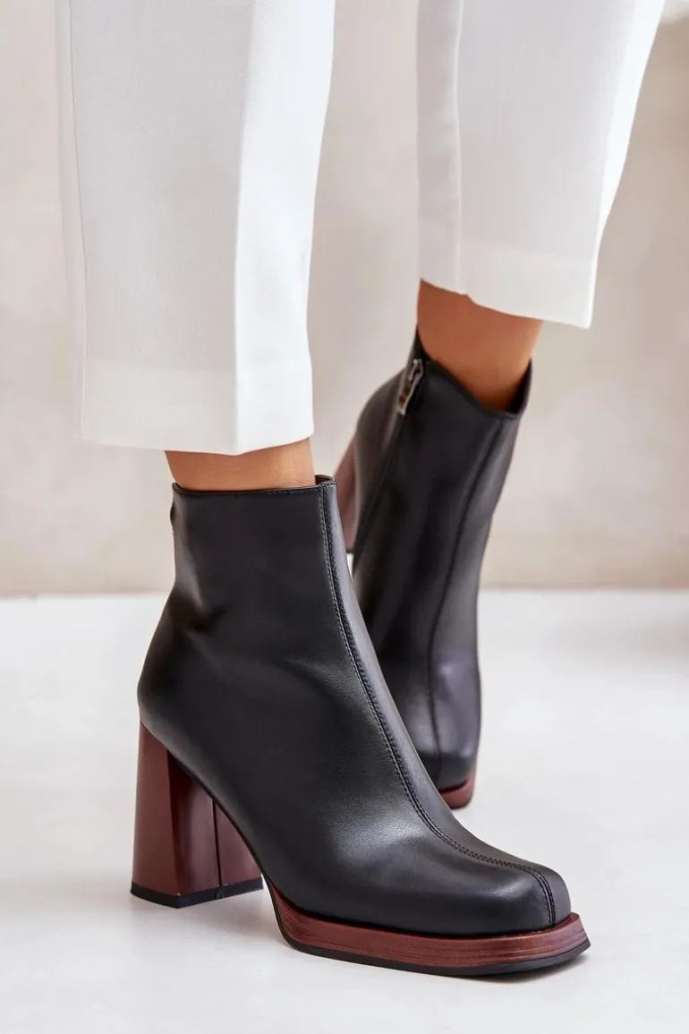 Skórzane Botki Damskie Na Słupku Ocieplane D&A JC42-37 Czarne