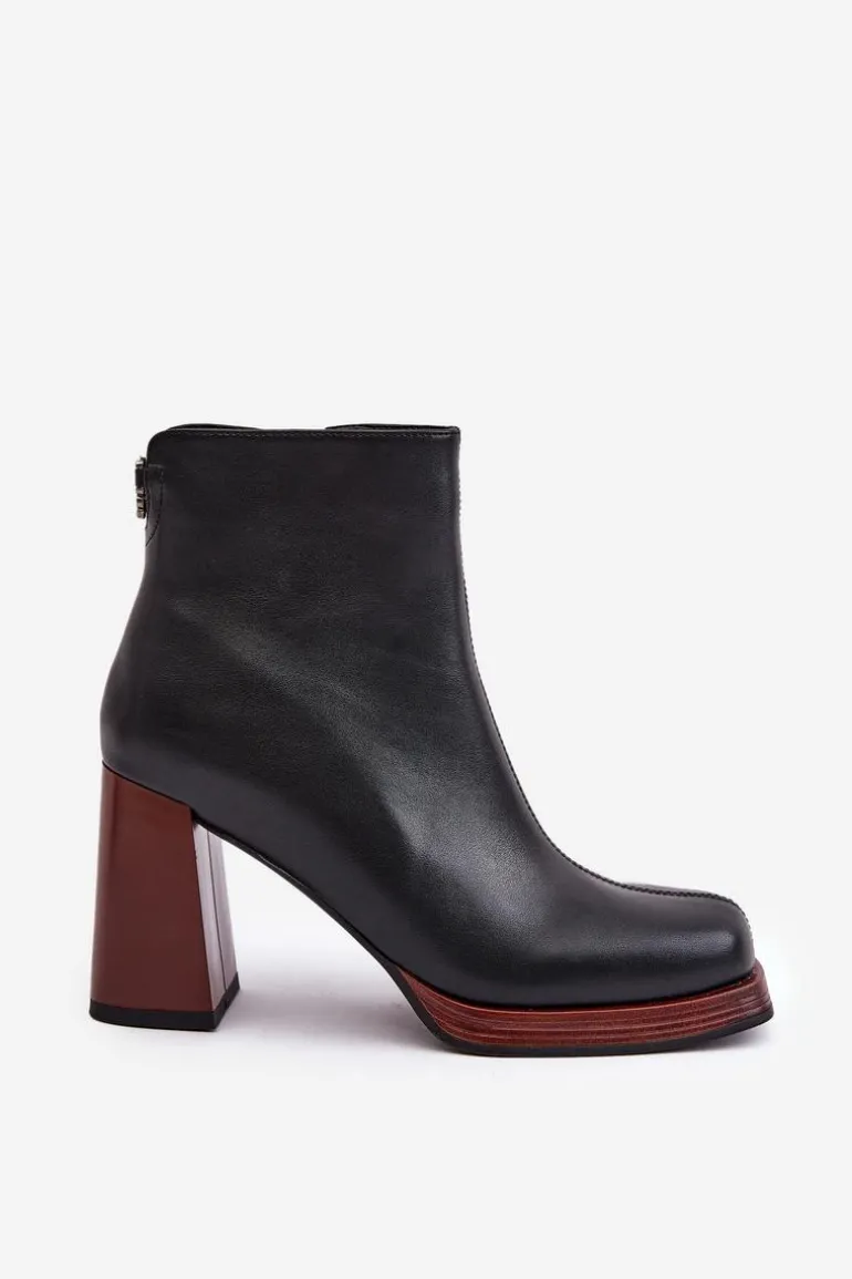 Skórzane Botki Damskie Na Słupku Ocieplane D&A JC42-37 Czarne