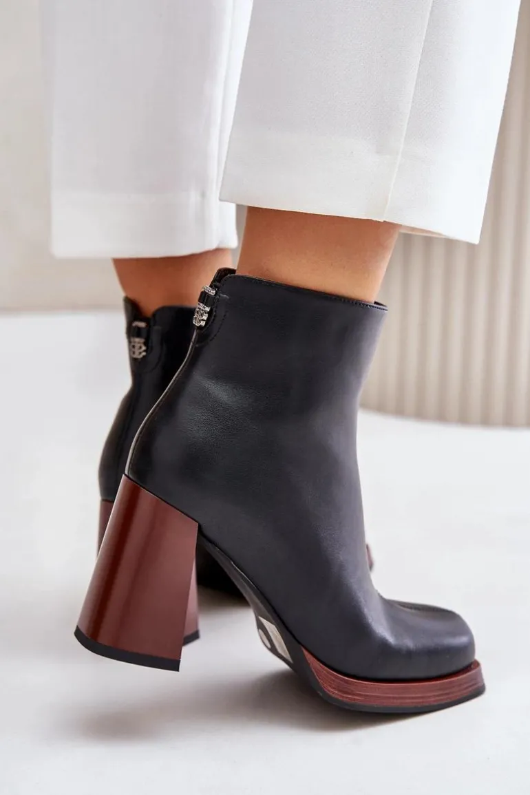 Skórzane Botki Damskie Na Słupku Ocieplane D&A JC42-37 Czarne