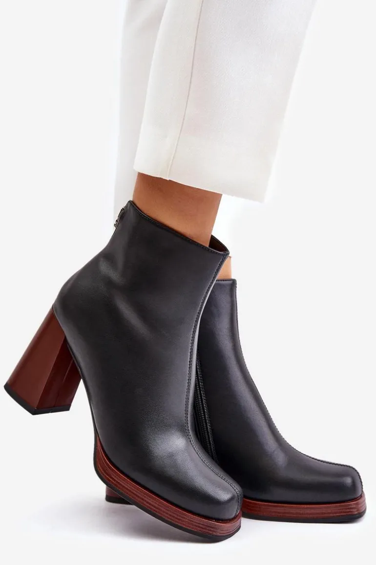 Skórzane Botki Damskie Na Słupku Ocieplane D&A JC42-37 Czarne