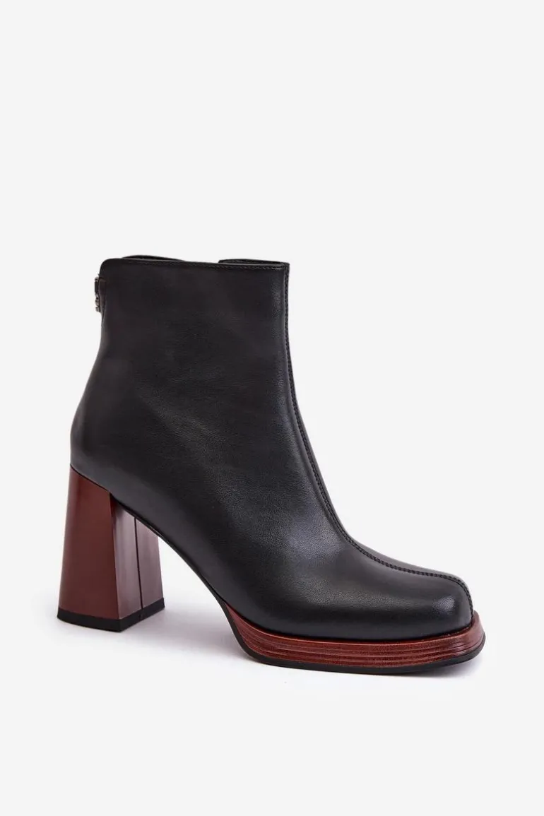 Skórzane Botki Damskie Na Słupku Ocieplane D&A JC42-37 Czarne