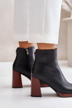 Skórzane Botki Damskie Na Słupku Ocieplane D&A JC42-37 Czarne