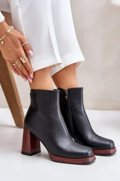 Skórzane Botki Damskie Na Słupku Ocieplane D&A JC42-37 Czarne