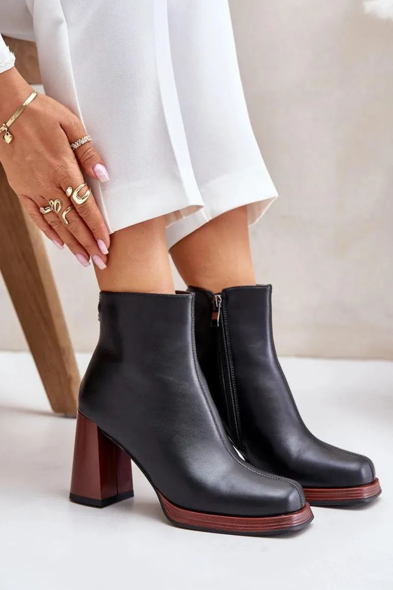 Skórzane Botki Damskie Na Słupku Ocieplane D&A JC42-37 Czarne