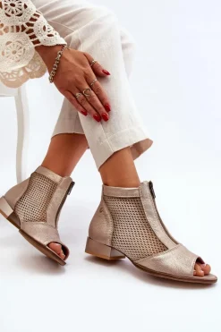 Skórzane Botki Damskie Na Płaskim Obcasie Z Odkrytymi Palcami Maciejka 06413-25 Złote