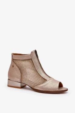 Skórzane Botki Damskie Na Płaskim Obcasie Z Odkrytymi Palcami Maciejka 06413-25 Złote