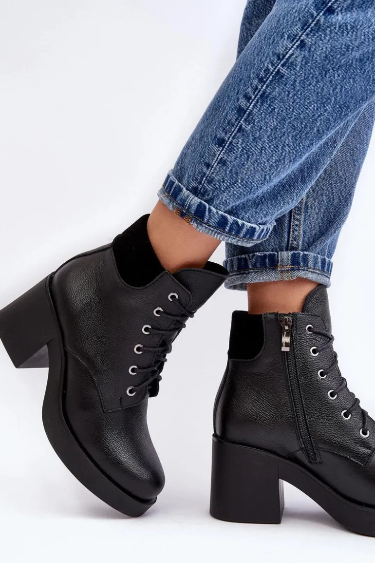 Skórzane Botki Damskie Na Słupku Czarne Lemar Leocera