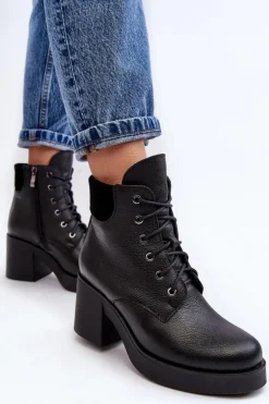 Skórzane Botki Damskie Na Słupku Czarne Lemar Leocera