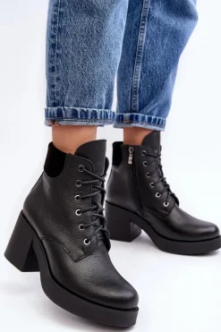 Skórzane Botki Damskie Na Słupku Czarne Lemar Leocera