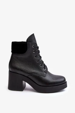 Skórzane Botki Damskie Na Słupku Czarne Lemar Leocera