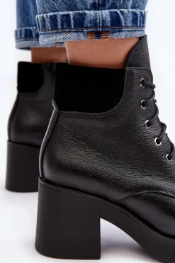 Skórzane Botki Damskie Na Słupku Czarne Lemar Leocera