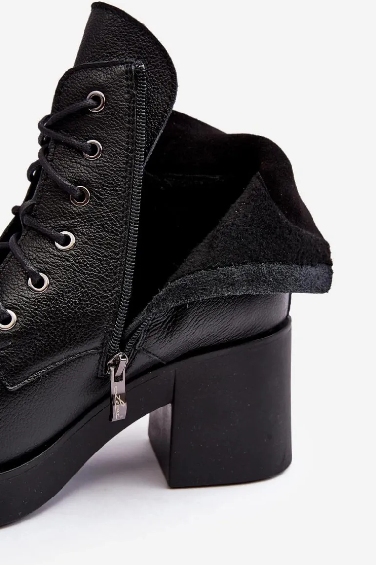 Skórzane Botki Damskie Na Słupku Czarne Lemar Leocera