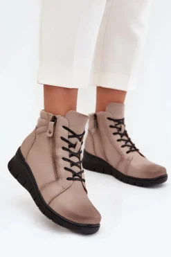 Skórzane Botki Damskie Na Koturnie Ocieplane Vinceza 39963 Beżowe