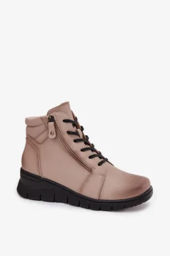 Skórzane Botki Damskie Na Koturnie Ocieplane Vinceza 39963 Beżowe