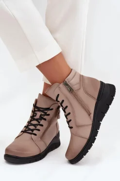 Skórzane Botki Damskie Na Koturnie Ocieplane Vinceza 39963 Beżowe
