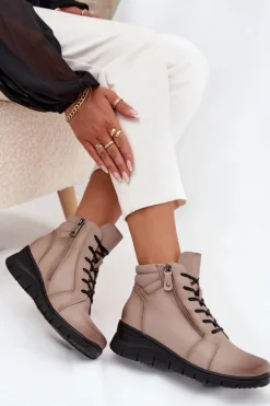 Skórzane Botki Damskie Na Koturnie Ocieplane Vinceza 39963 Beżowe