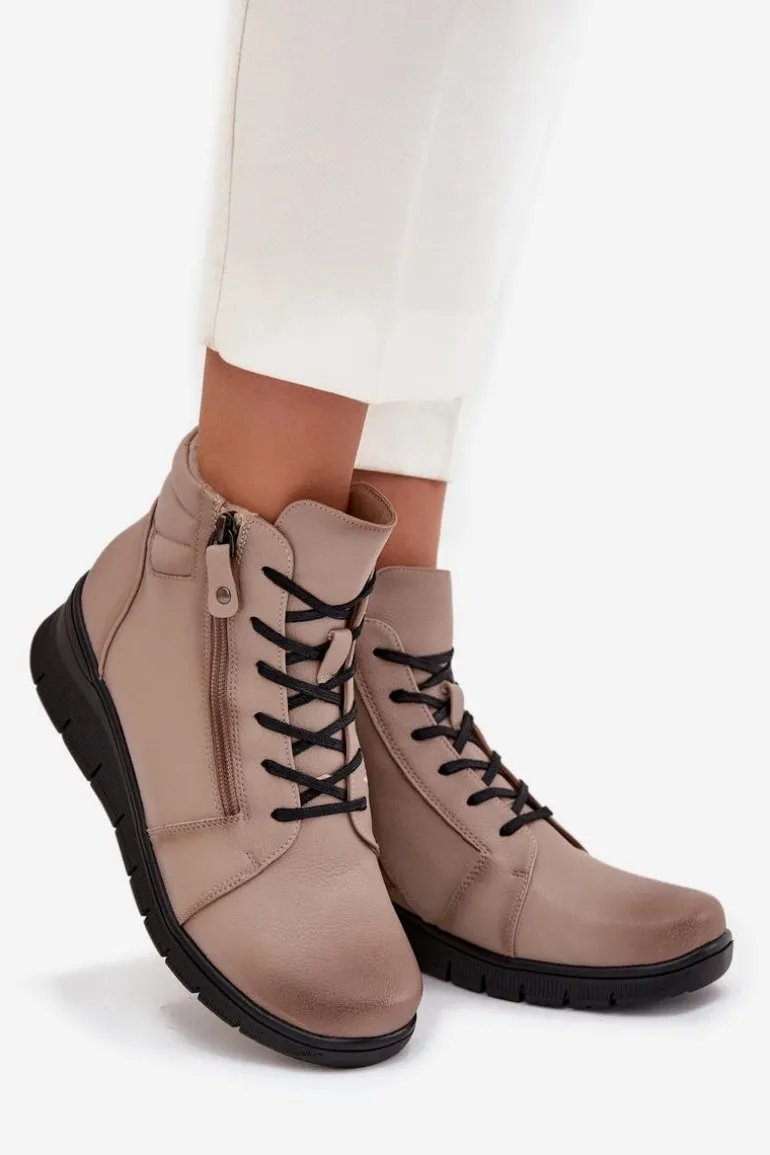 Skórzane Botki Damskie Na Koturnie Ocieplane Vinceza 39963 Beżowe