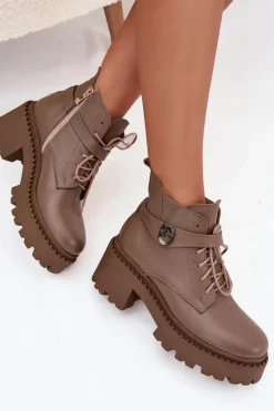 Skórzane Botki Damskie Na Klocku Z Ozdobnym Paskiem Ocieplane Zazoo 60557 Ciemnobeżowe