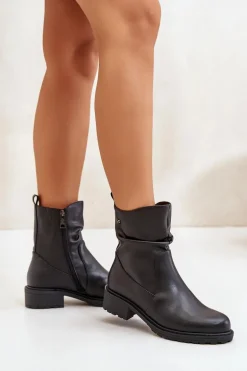 Skórzane Botki Damskie Ocieplane Z Marszczeniem Czarne Vinceza 66714