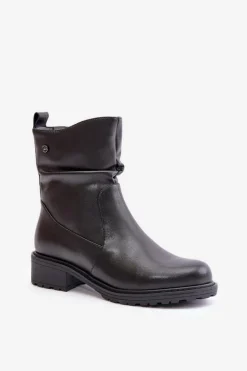 Skórzane Botki Damskie Ocieplane Z Marszczeniem Czarne Vinceza 66714