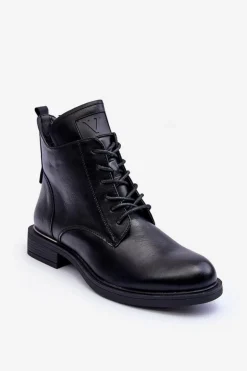 Skórzane Botki Damskie Workery Czarne Tedrick