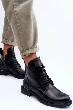 Skórzane Botki Damskie Workery Czarne Tedrick