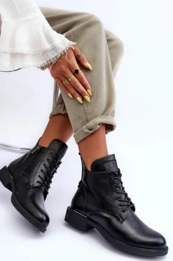 Skórzane Botki Damskie Workery Czarne Tedrick