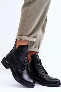 Skórzane Botki Damskie Workery Czarne Tedrick