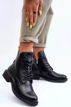 Skórzane Botki Damskie Workery Czarne Tedrick