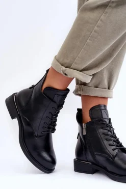 Skórzane Botki Damskie Workery Czarne Tedrick