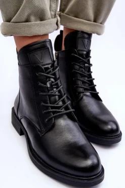 Skórzane Botki Damskie Workery Czarne Tedrick