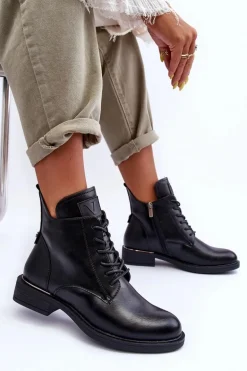 Skórzane Botki Damskie Workery Czarne Tedrick