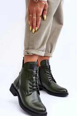 Skórzane Botki Damskie Workery Zielone Tedrick