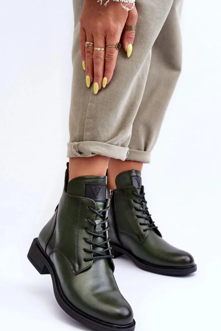 Skórzane Botki Damskie Workery Zielone Tedrick