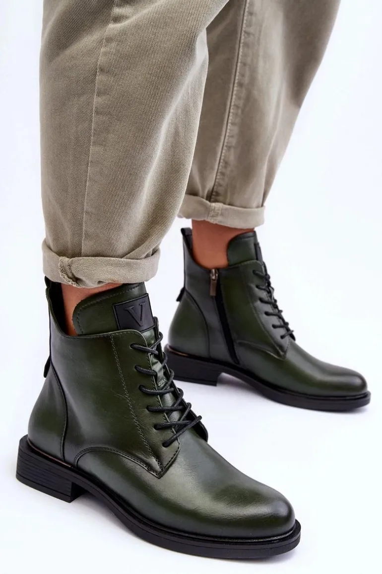 Skórzane Botki Damskie Workery Zielone Tedrick