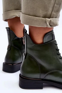 Skórzane Botki Damskie Workery Zielone Tedrick