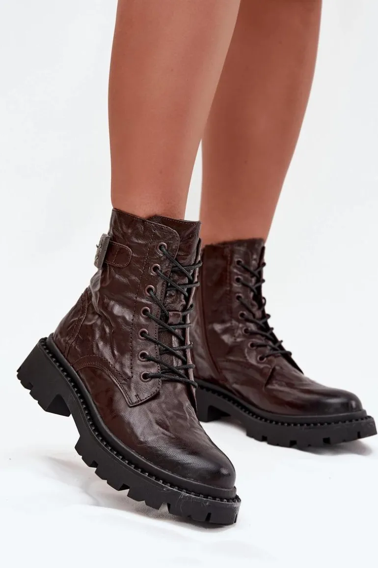 Skórzane Botki Damskie Z Efektem Marszczenia I Klamrą Artiker 57C1007 Czekoladowe