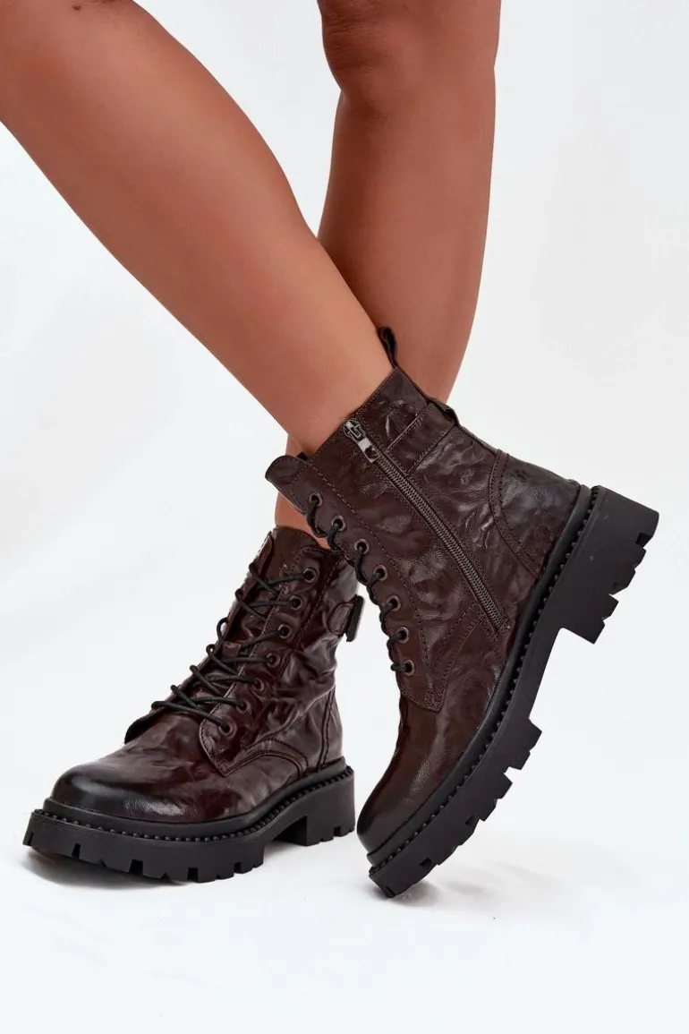 Skórzane Botki Damskie Z Efektem Marszczenia I Klamrą Artiker 57C1007 Czekoladowe