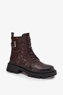 Skórzane Botki Damskie Z Efektem Marszczenia I Klamrą Artiker 57C1007 Czekoladowe