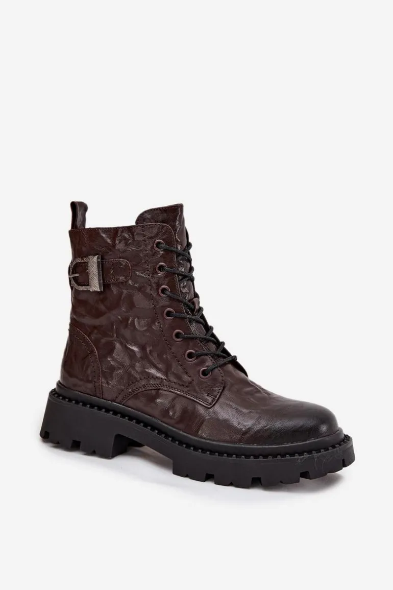 Skórzane Botki Damskie Z Efektem Marszczenia I Klamrą Artiker 57C1007 Czekoladowe