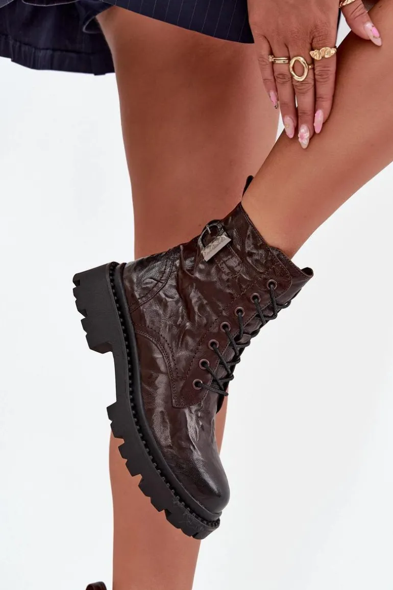 Skórzane Botki Damskie Z Efektem Marszczenia I Klamrą Artiker 57C1007 Czekoladowe