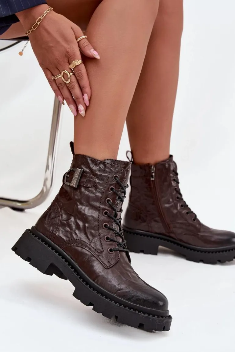 Skórzane Botki Damskie Z Efektem Marszczenia I Klamrą Artiker 57C1007 Czekoladowe