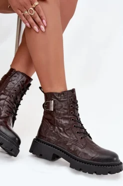Skórzane Botki Damskie Z Efektem Marszczenia I Klamrą Artiker 57C1007 Czekoladowe