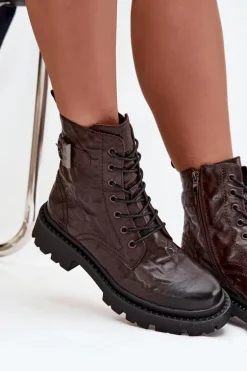 Skórzane Botki Damskie Z Efektem Marszczenia I Klamrą Artiker 57C1007 Czekoladowe