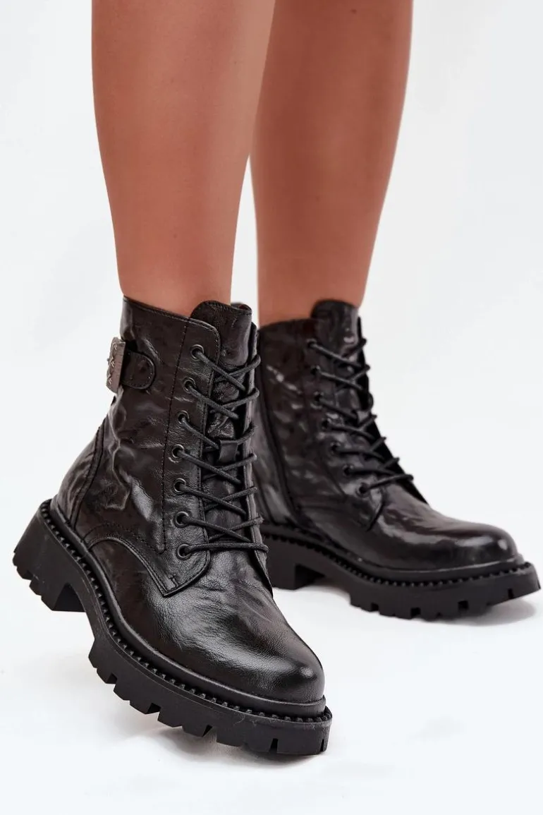 Skórzane Botki Damskie Z Efektem Marszczenia I Klamrą Artiker 57C1008 Czarne