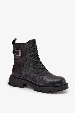 Skórzane Botki Damskie Z Efektem Marszczenia I Klamrą Artiker 57C1008 Czarne