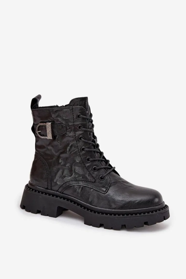 Skórzane Botki Damskie Z Efektem Marszczenia I Klamrą Artiker 57C1008 Czarne