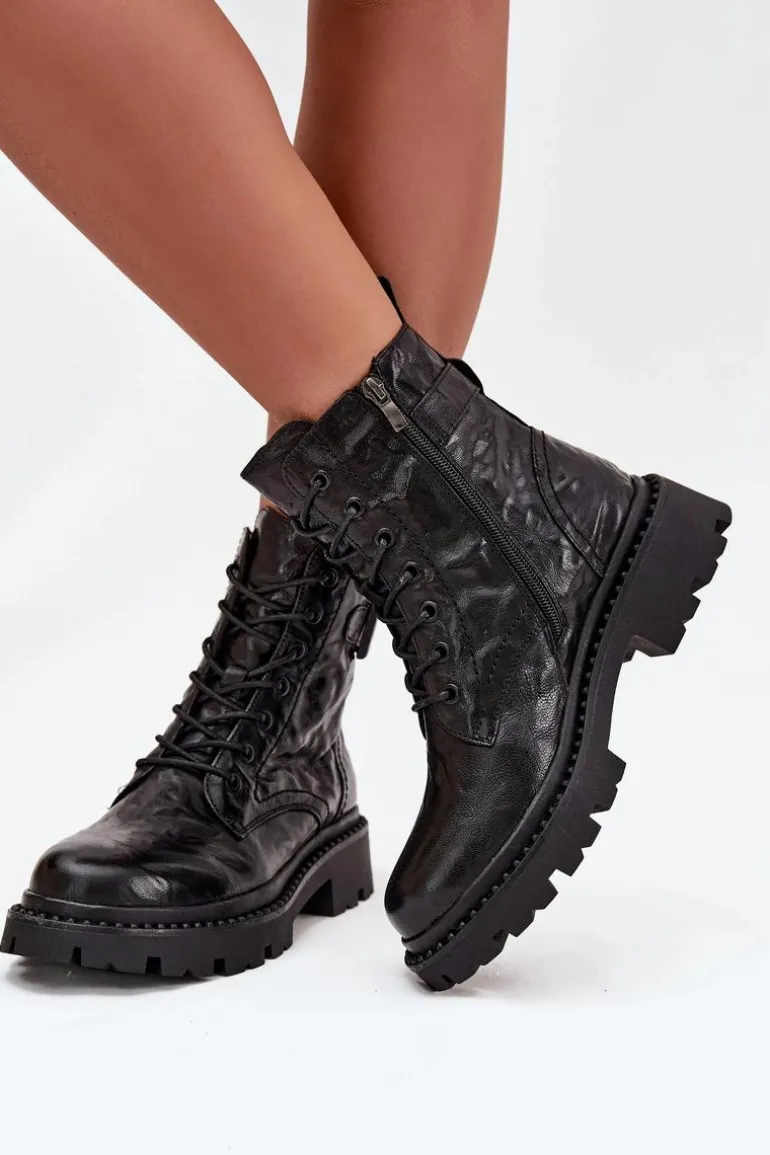 Skórzane Botki Damskie Z Efektem Marszczenia I Klamrą Artiker 57C1008 Czarne